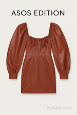 ASOS Edition Real Leather Mini Dress Chestnut Brown Ruched Bust Puff Sleeve Cors