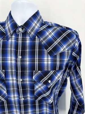 Vintage Ely Cattleman Men's Medium Pearl Snap Western Shirt Blue Plaid Cowboy