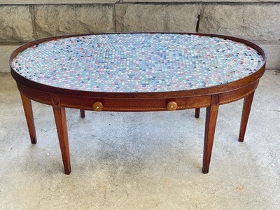 Vintage MCM Mersman 6964 Oval Mahogany Inlaid Mosaic Tile Side Coffee Table