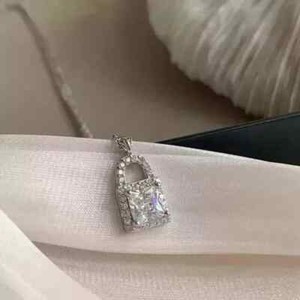Authentic 2Ct Princess Cut Moissanite Women's Lock Pendant Necklace 14k White Gold Plated