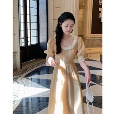 Damen Spitze Midi Tee Kleid Kurz Puffärmel Rüschen Elegant Party Retro Gelb