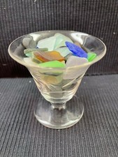 60 PIECES GENUINE SURF TUMBLED CALIF./PR SEA GLASS IN ETCHED APERITIF GLASS