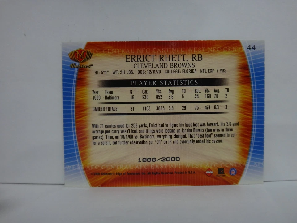 2000 Collector's Edge Masters /2000 Errict Rhett #44 - Image 2 of 2