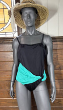 Jantzen One Piece Swimsuit 16 Black w/ Turquoise Sash Slimming USA Made Vtg