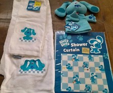 Rare Blues Clues 4pc Set Shower Curtain Bath Hand Towels Wash Mitt NEW Vintage