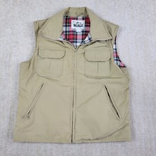 Vintage 80s Woolrich Vest Mens M Beige Full Zip Plaid Lined Barn Chore Field USA