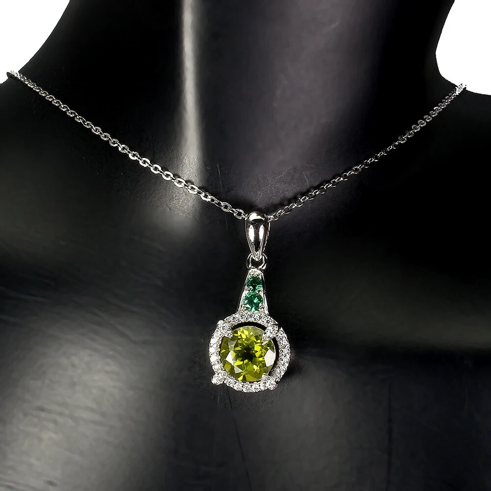 925 Sterling Silver Necklace Round Peridot 7mm Simulated Cz Gemstone Jewelry - Image 2 of 4