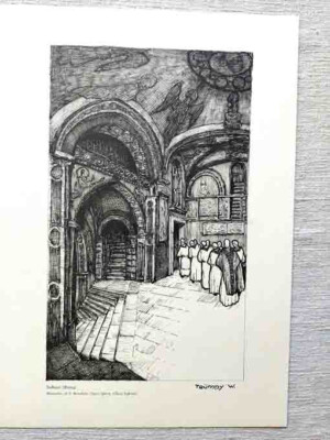 Subiaco S.Benedetto Chiesa Inferiore Walter Trümpy 8 Litographie Druck 25x35 cm