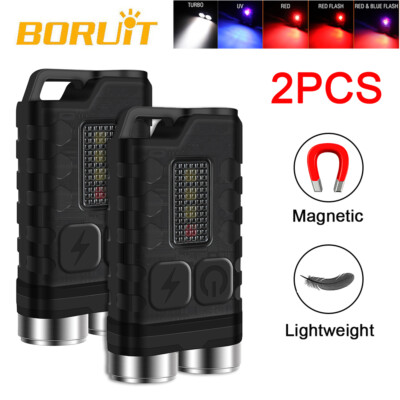 BORUiT Mini LED Keychain Flashlight Torch Pocket Magnetic Light USB Rechargeable