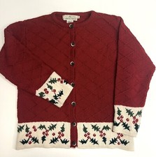 Celtic Isle Cardigan Sweater Merino Wool Red Ivory Holly Xmas M L