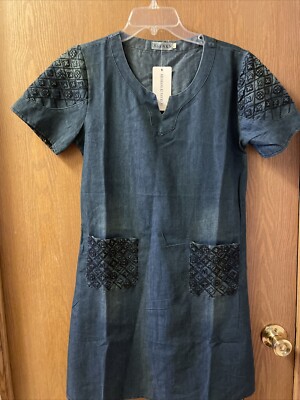 New Shift Dress Lt Wgt Denim Teen L Front Pockets Short Sleeves Ck Measurements