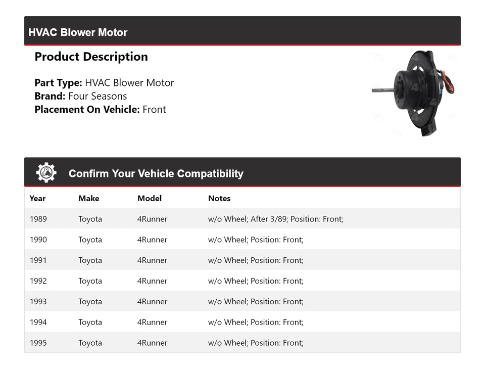 Soplador de climatización delantero para Toyota 4Runner 1989-1995 4 estaciones 1990 1991 1992 Foto 2 de 4