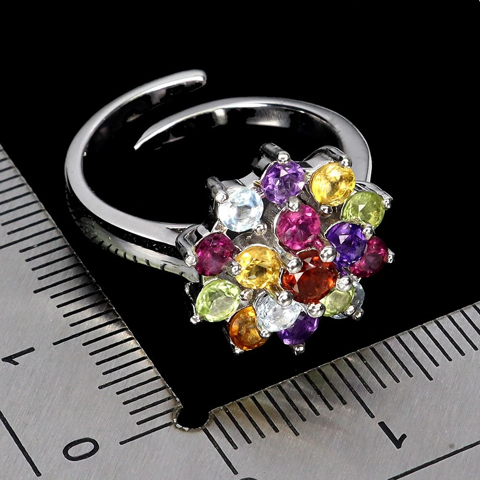 925 Anello Argento Sterling Rotondo Rodolite Citrino Peridoto Gemma Misura 8 - Immagine 3 di 4