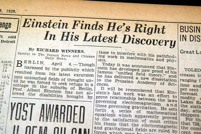 ALBERT EINSTEIN Unified Field Theory Gravitation Electromagnetic 1929 Newspaper