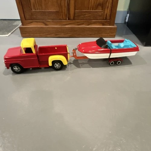 Tonka Pressed Steel Pickup Truck Trailer Boat Red Yellow Blue 1963 Vintage Toy