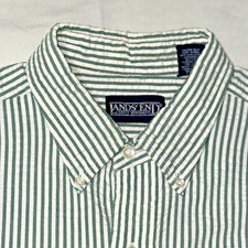 Lands' End Men L 16-16.5 Seersucker Shirt Gray White Striped Cotton Short Sleeve