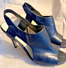 VTG Nine West Black Leather Peep Toe Slingback Stiletto Heels 4.5” High sz 9.5M