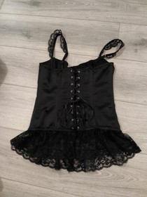 Ann Summers Black Satin & Lace Frilled Corset Top Size 10-12