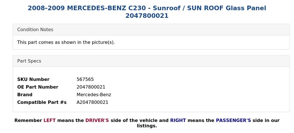 2008-2009 MERCEDES-BENZ C230 - Sunroof / SUN ROOF Glass Panel 2047800021 - Image 4 of 4