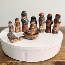 Vintage Tonala Mexican Ceramic Hand Painted Folk Art Holy Nativity Set