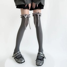 Stockings Women Velvet Sweet Girls Ruffle Socks Thigh High Bandage Bow