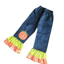 Girls Hand Made Jeans Size 3 4 Pumpkin Ruffle Blue Orange Green Handmade