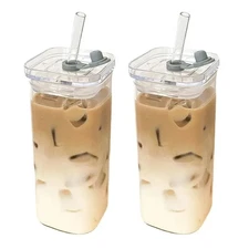 Glass Coffee Cup with Lid and Straw, Square Heat Resistant Coffee Glass