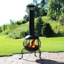 Steel Wood Burning Chiminea with Rain Cap - Black - 66 in by Sunnydaze