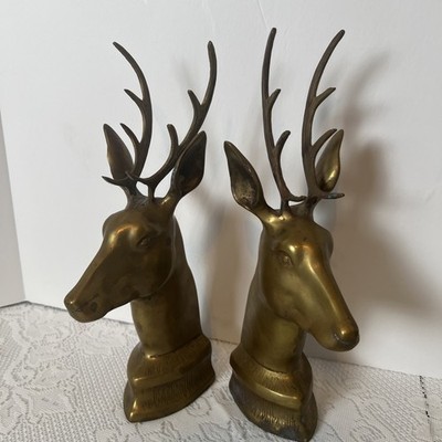 MCM Stag Brass Book Ends Vintage Deer Brass Heads Library Lodge Hunting 12'' Tall