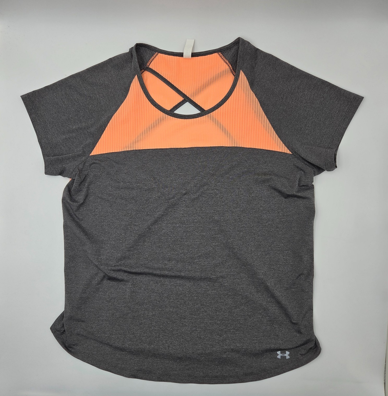 Under Armour, sports t-shirt, gray and orange, open back, women's, size XL