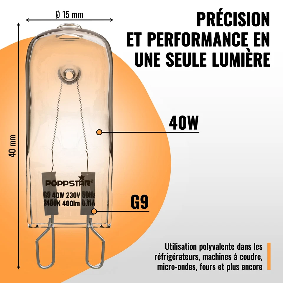 Poppstar 2x Ampoule de Four G9 40W Résistante à 300 °C 2400K blanc chaud 400lm - Photo 2/4