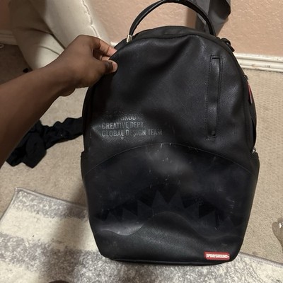 Sprayground Black Shark Mouth Large Faux Leather Zip Backpack w/ Outer Pockets