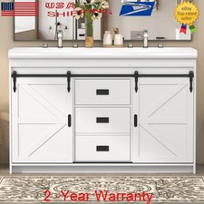 47" Bathroom Vanity Cabinet Double Ceramic Sink w/ Sliding Doors  3 Drawers US