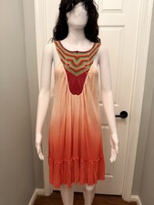 Free People Peach Red Green Multicolor Knit Crochet Ruffle Shift Dress S