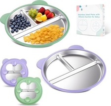Stainless Steel Kids Plate with Suction Set of 2, 9  Toddler Divided Plates NEW 
