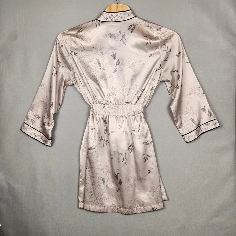 Morgan Taylor Intimates Robe Womens XL Silver Floral Satin Kimono Belted Lounge - Image 2 of 4