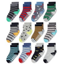 Non-Slip Crew Grip Socks Stripes  Dinosaur - 12 pairs, 1-3 Years Old