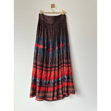 Vintage 90s Carole Little Boho Crinkle Rayon Print Maxi Skirt Festival Medium