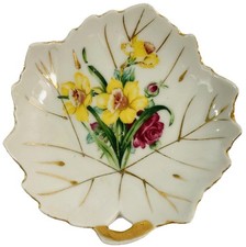 Vintage Nasco Porcelain Leaf Spoon Rest Hand Painted Daffodil Rose Gold Veins