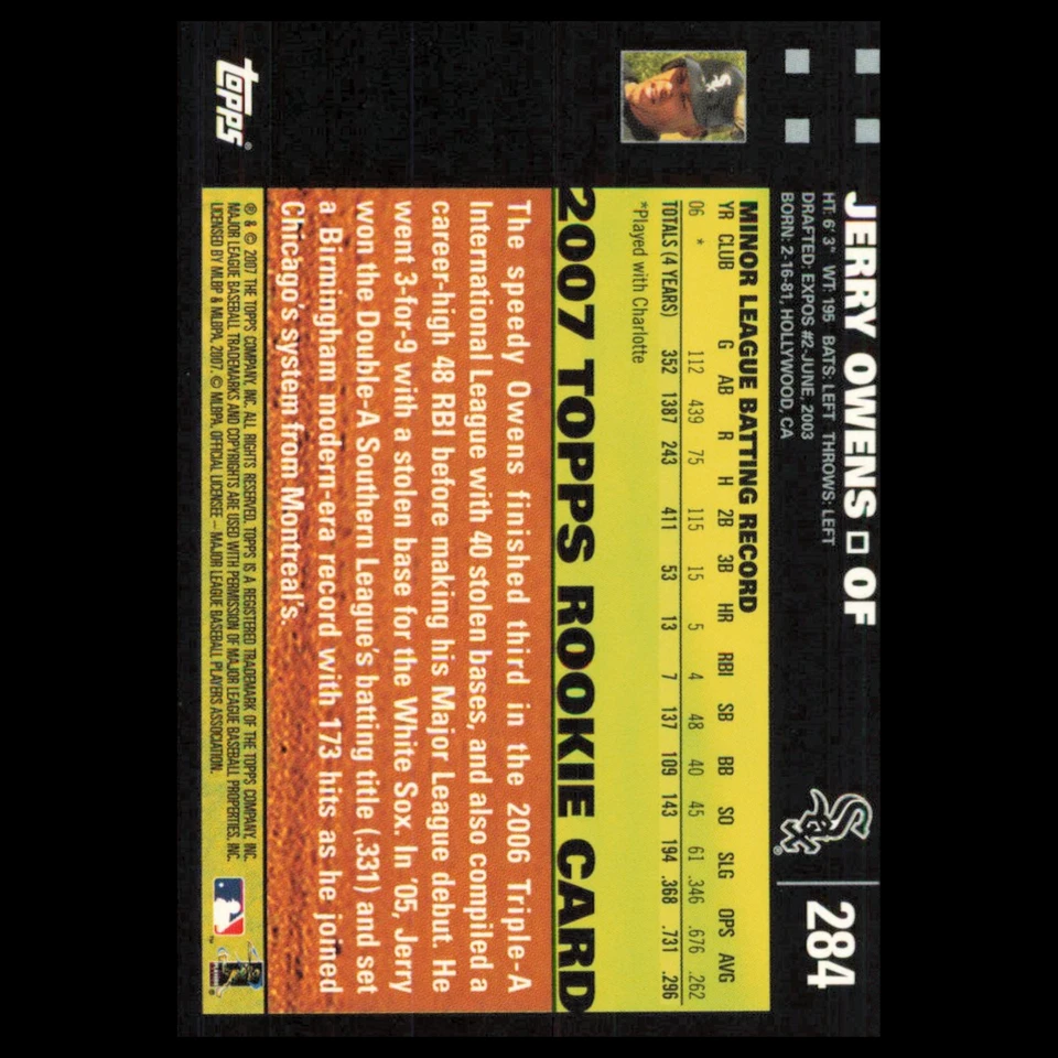 Jerry Owens Rookie #284 2007 Topps Chicago White Sox Baseball Card MLB NM - Image 2 of 3