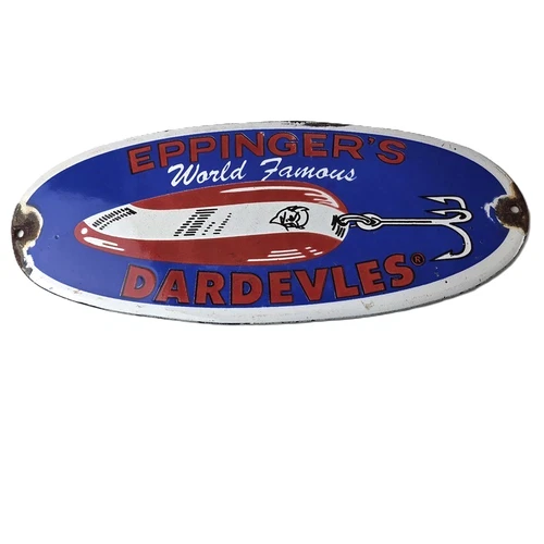Vintage Eppinger's Dardevles Sign - Fishing Lures Porcelain Gas Pump Sign