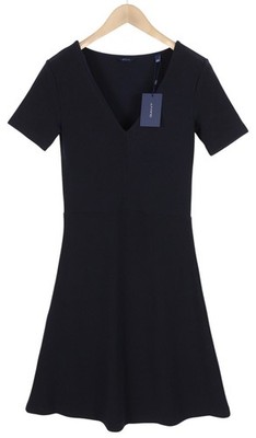 GANT Rippstruktur Damen Kleid S Blau Stretch V-Ausschnitt Kurzarm Knie *
