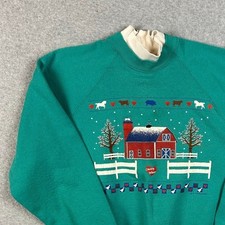 Vintage Fruit of the Loom Country Winter Mock Neck Sweatshirt Teal XL Barn Farm