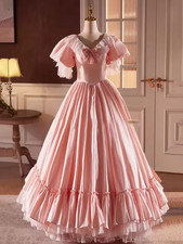 Pink V-Neck Wedding Dress Elegant Lace Applique Bowknot Satin Short Sleeve