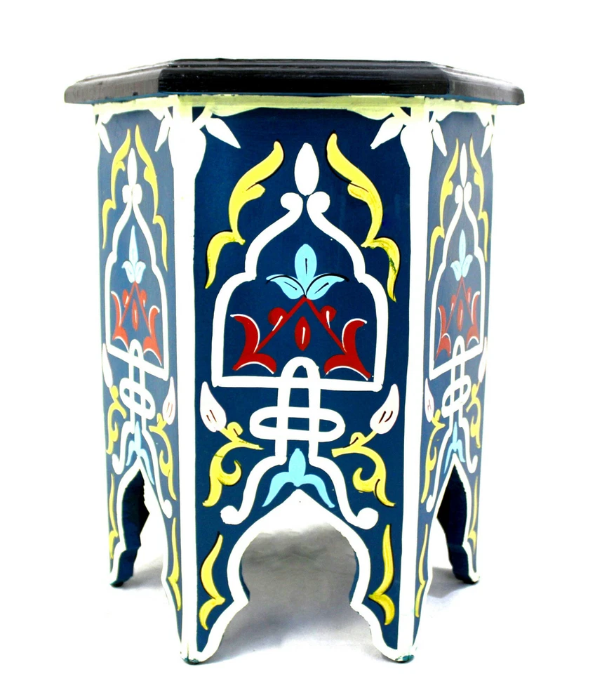 Moroccan Side Table Accent End Corner Piece Blue Authentic Painted Decor Size 1 - Image 3 of 4