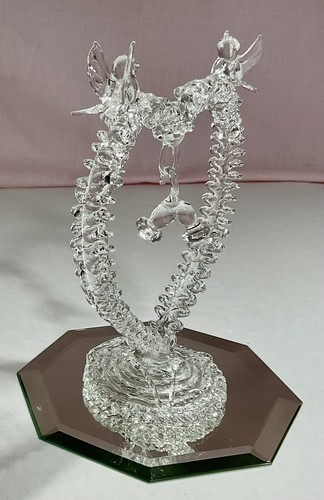 Delicate Hand Blown Heart With Two Love Birds And Two Bells - Picture 2 of 4