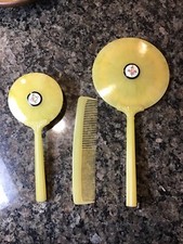Art Deco Bakelite Celluloid Vanity SET Beveled Mirror Hairbrush Comb Rose Enamel