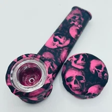 Silicone Smoking Pipe with Glass Bowl & Cap Lid | Pink Skulls
