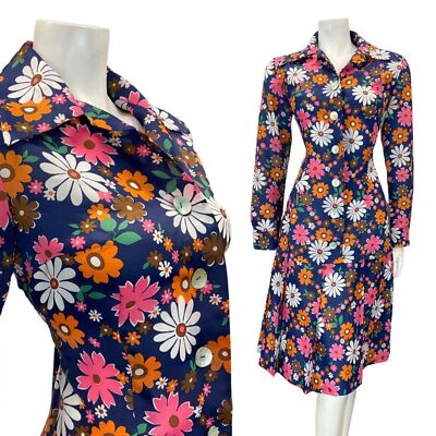 VINTAGE 60s 70s BLUE PINK ORANGE DAISY FLOWER POWER DAGGER SHIRT DRESS 10  UK