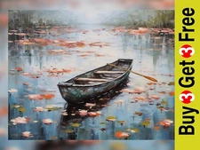 Serene Lake Boat Scene Oil Painting Print - Calm Water Art 5" x 7"